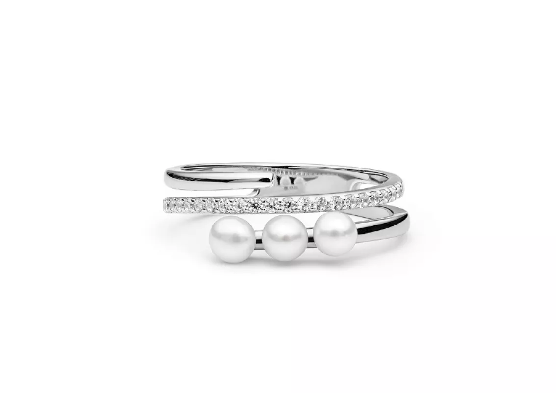 Eleganter Ring mit weißer Perle und parallelem Zirkoniaring, 925er rhodiniertes Silber, Gaura Pearls, Estland Eleganter Ring mit weißer Perle und parallelem Zirkoniaring, 925er rhodiniertes Silber, Gaura Pearls, Estland